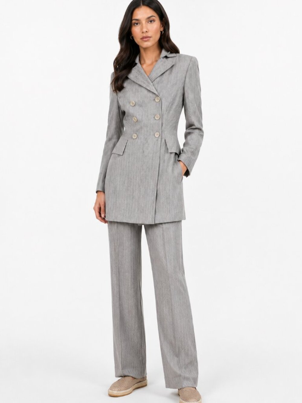 ROSS MAYER COLLECTION 2 PIECES GREY STRIPED BLAZER STRAIGHT LEG TROUSER SUIT SET